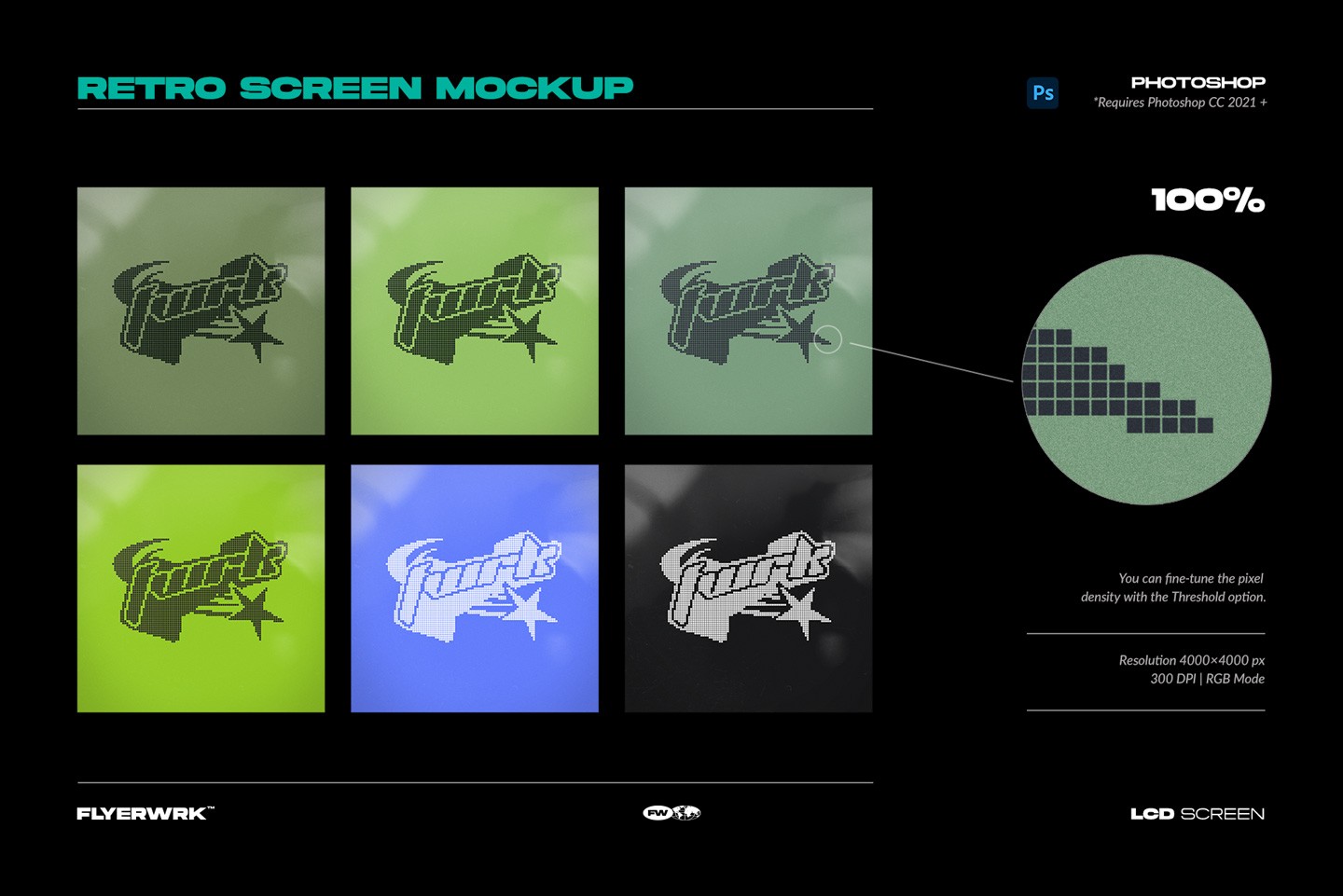 Showcase of the LCD Screen Pixel Grid Mockup in six different color variations including green blue and black