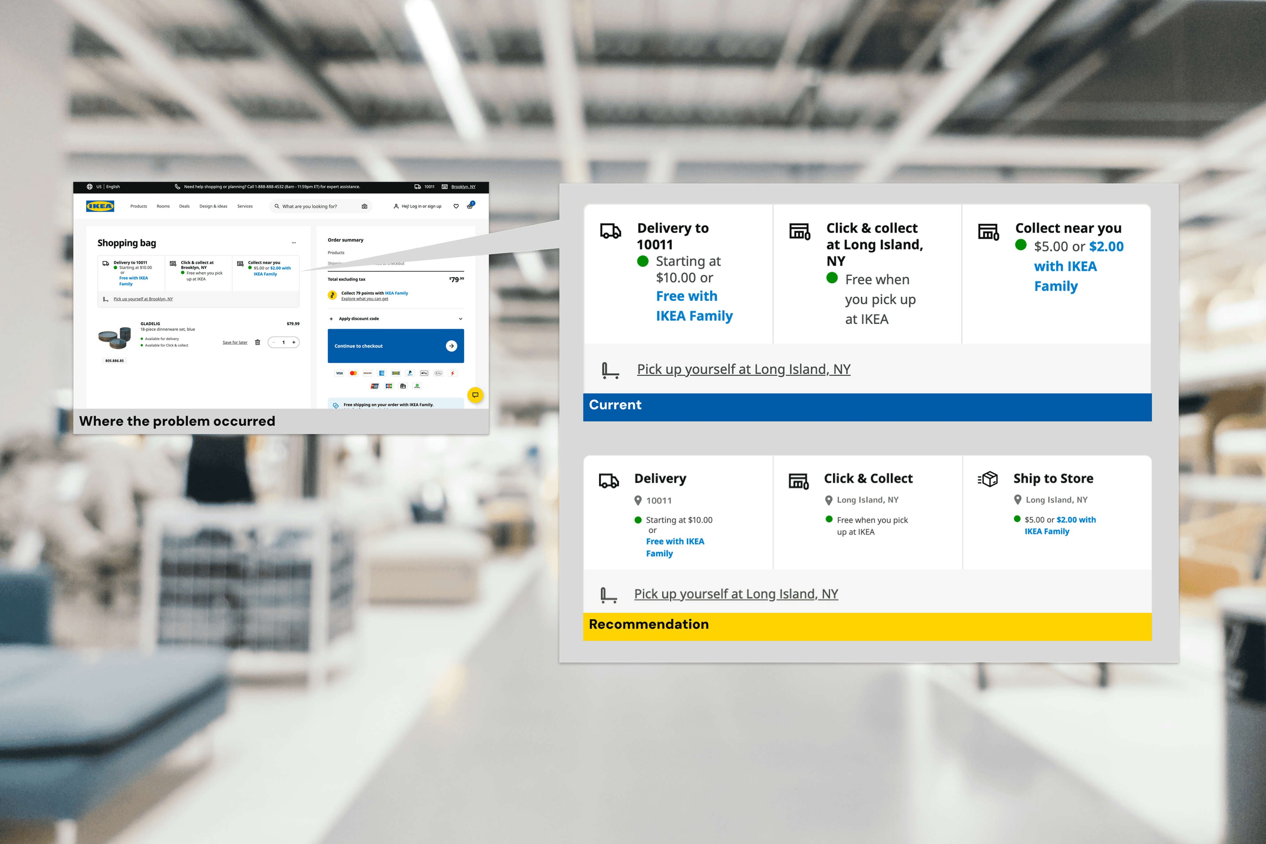 IKEA checkout interface showing the confusing current fulfillment options next to a simplified, clearer recommended version.