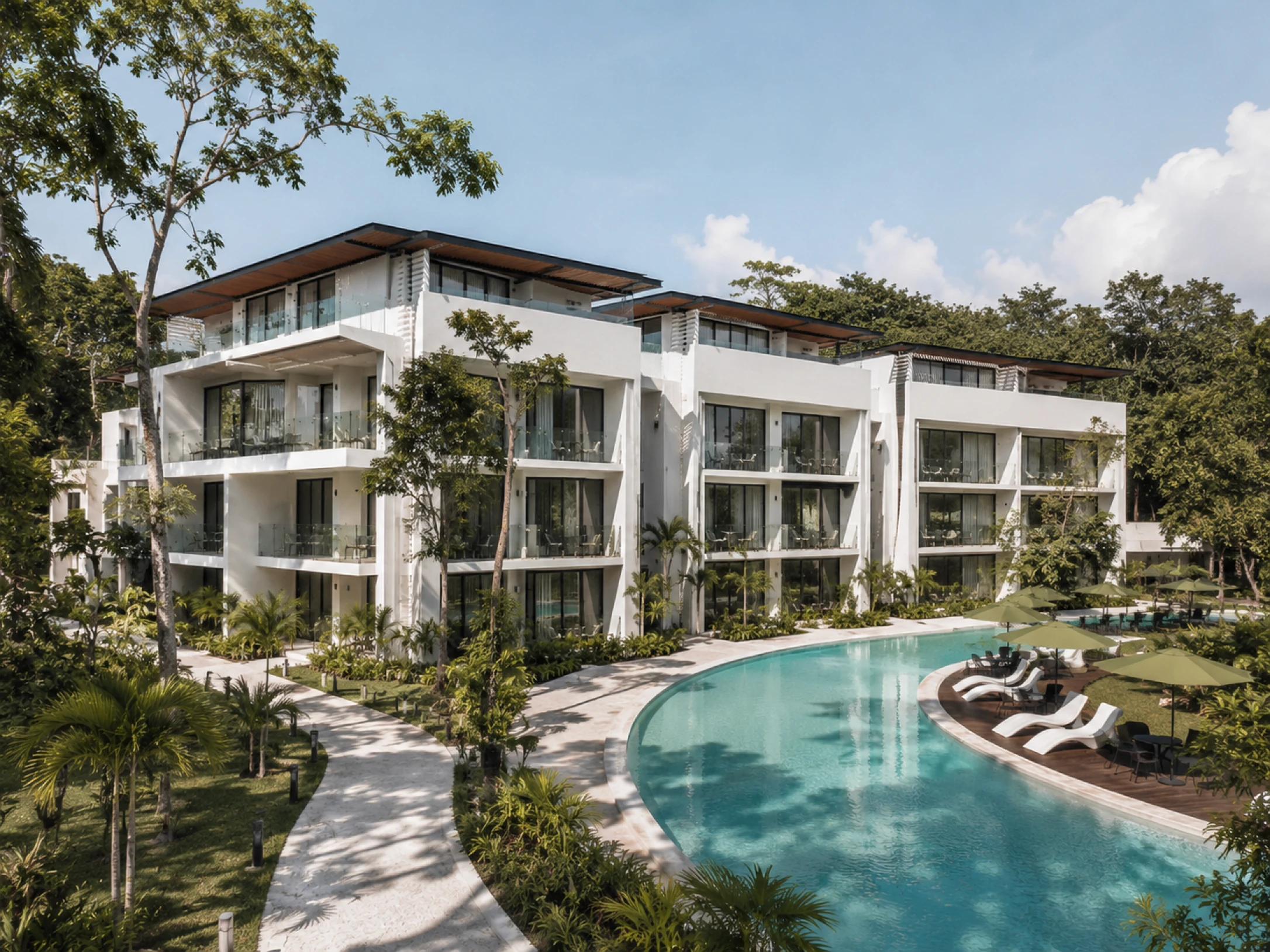 Vista externa de hotel moderno cercado por vegetação tropical, com piscina ampla, espreguiçadeiras e áreas de descanso.