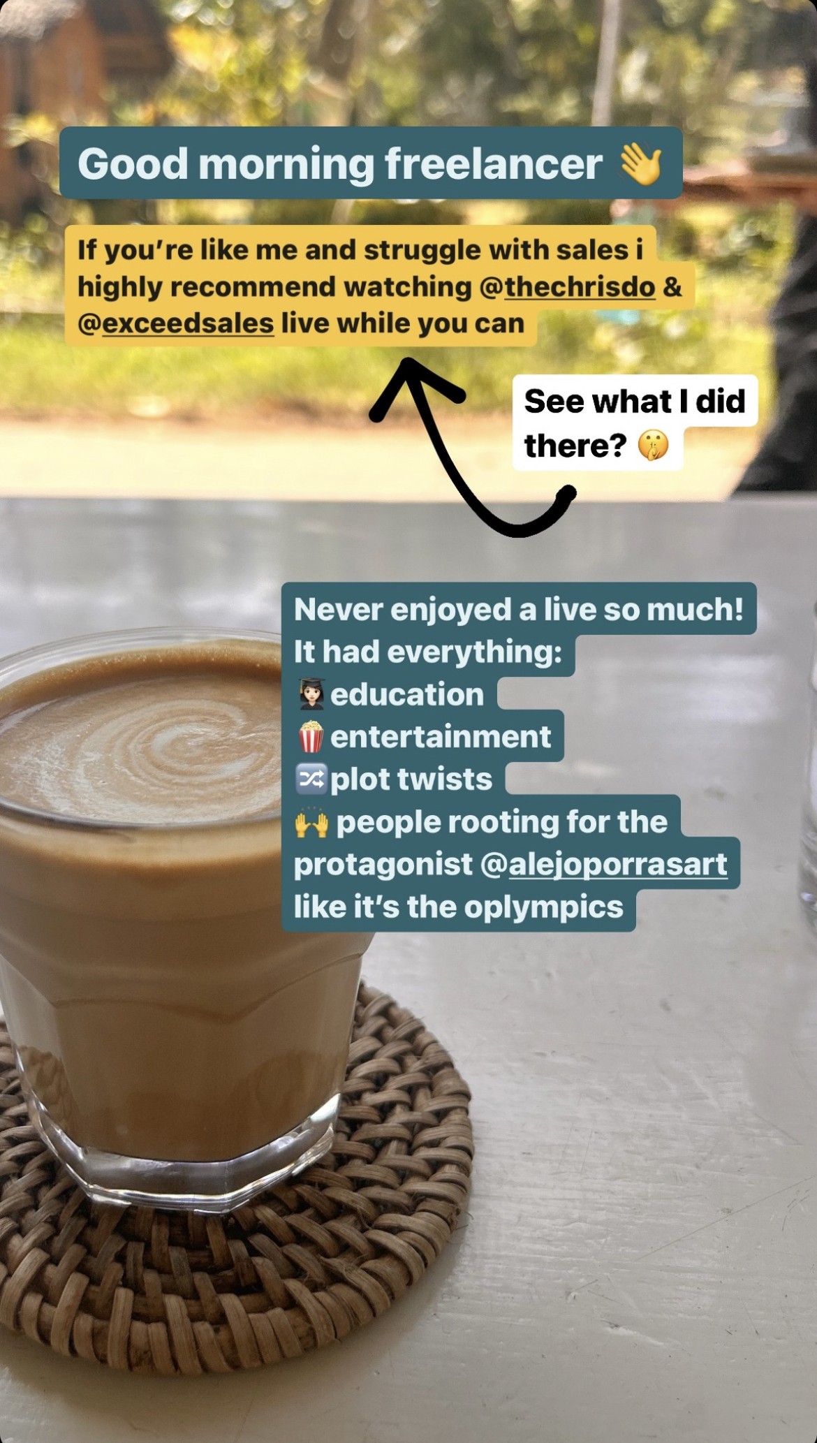 Instagram story with a coffee and information about the instagram live I just watched