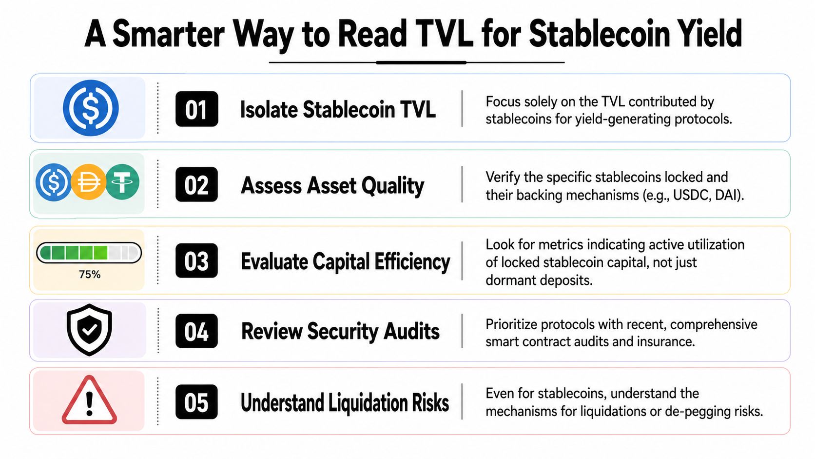 An infographic titled A Smarter Way to Read TVL for Stablecoin Yield, listing five steps for assessment.