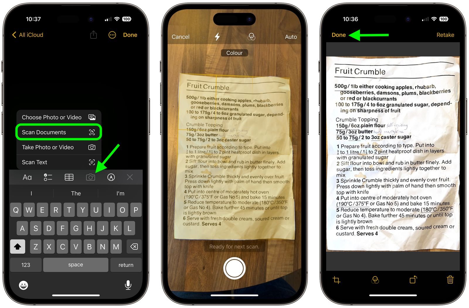 Three iPhone screenshots demonstrating scanning a fruit crumble recipe document using the camera app.