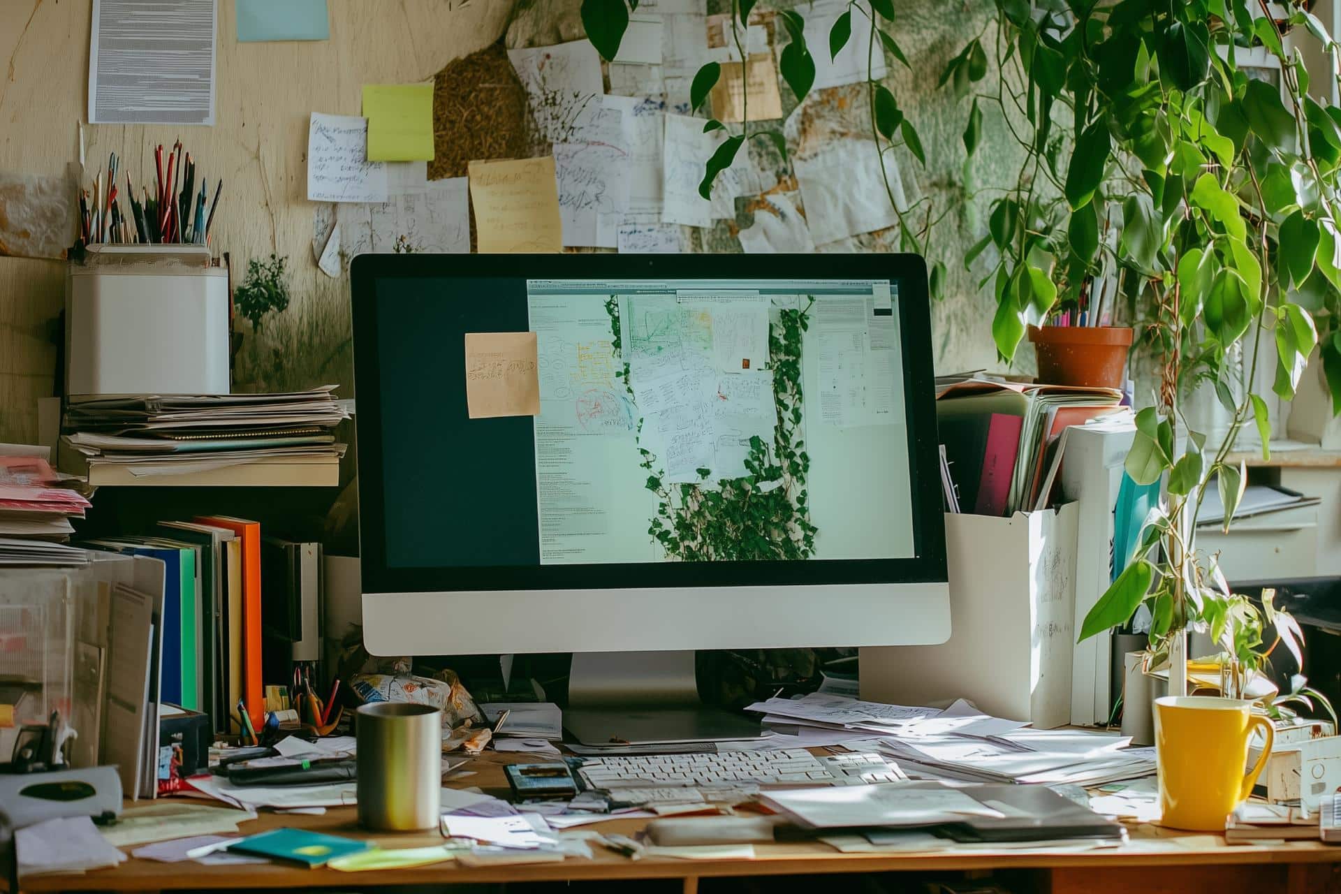cluttered desk with a computer monitor and a potted plant