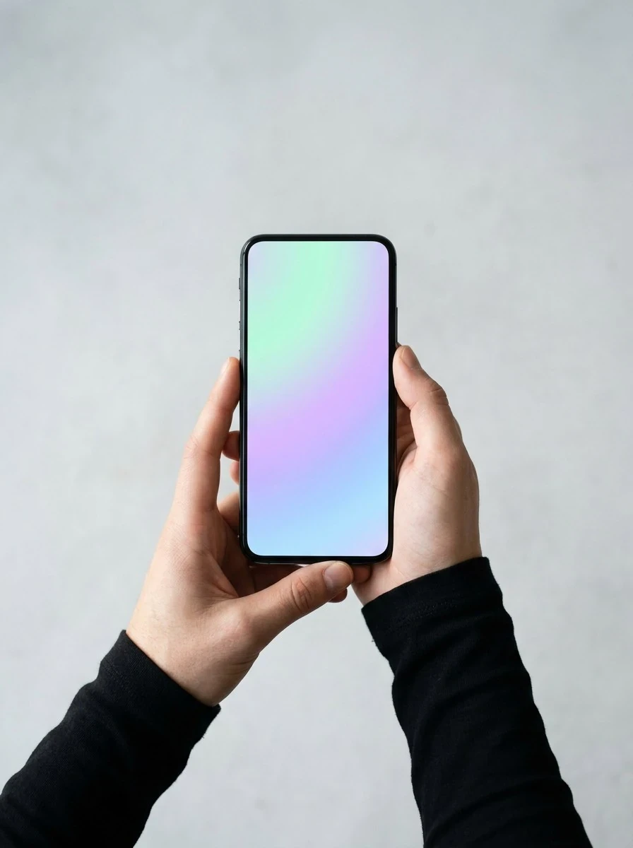 Hands holding a phone with an iridescent gradient screen