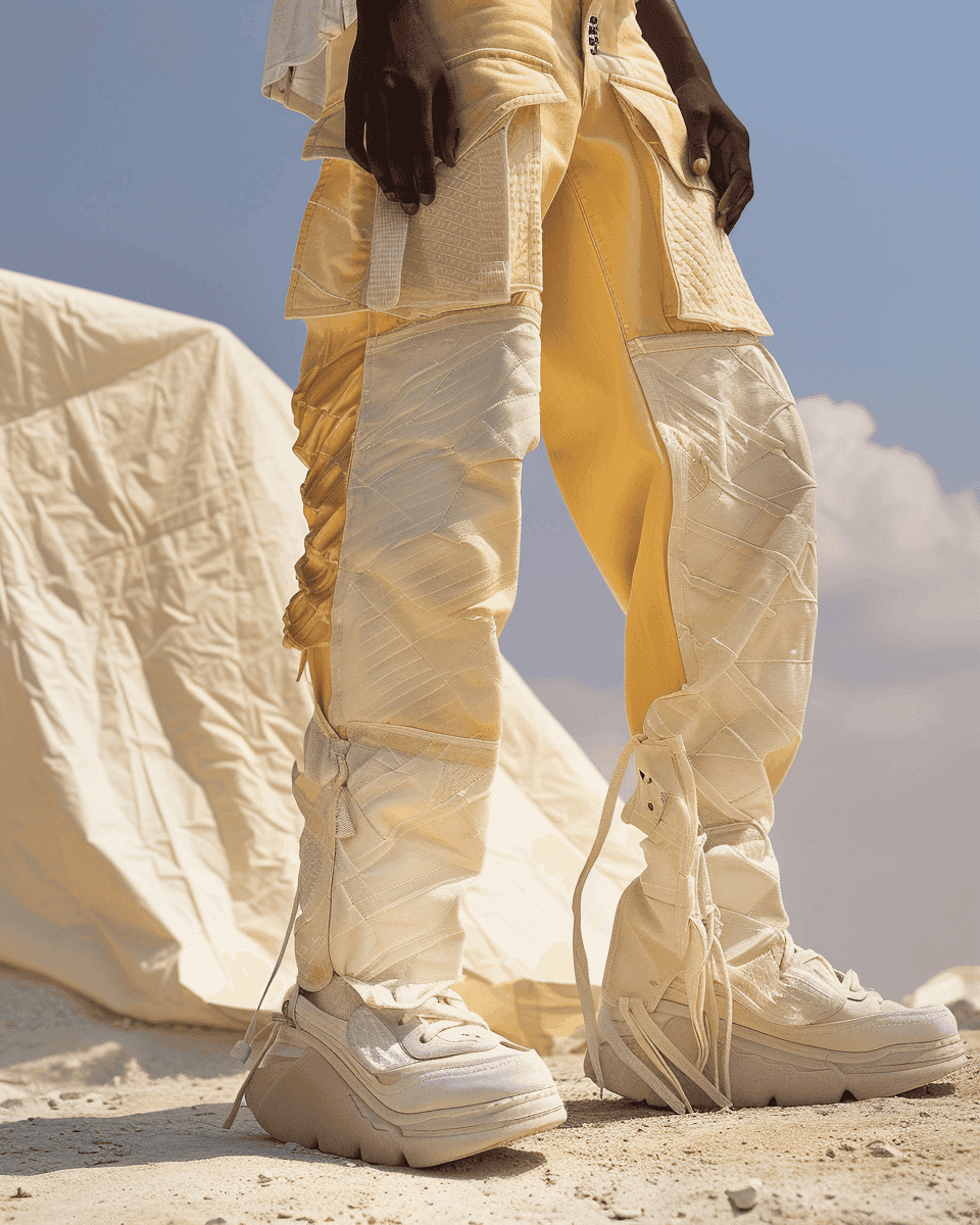 cream pants and cream shoes on a desert