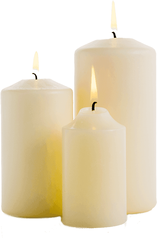 Three white candles of varying heights, two lit and one unlit, set against a plain background.