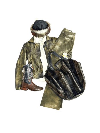 Olive jacket, hat, beige shirt, olive pants, brown boot