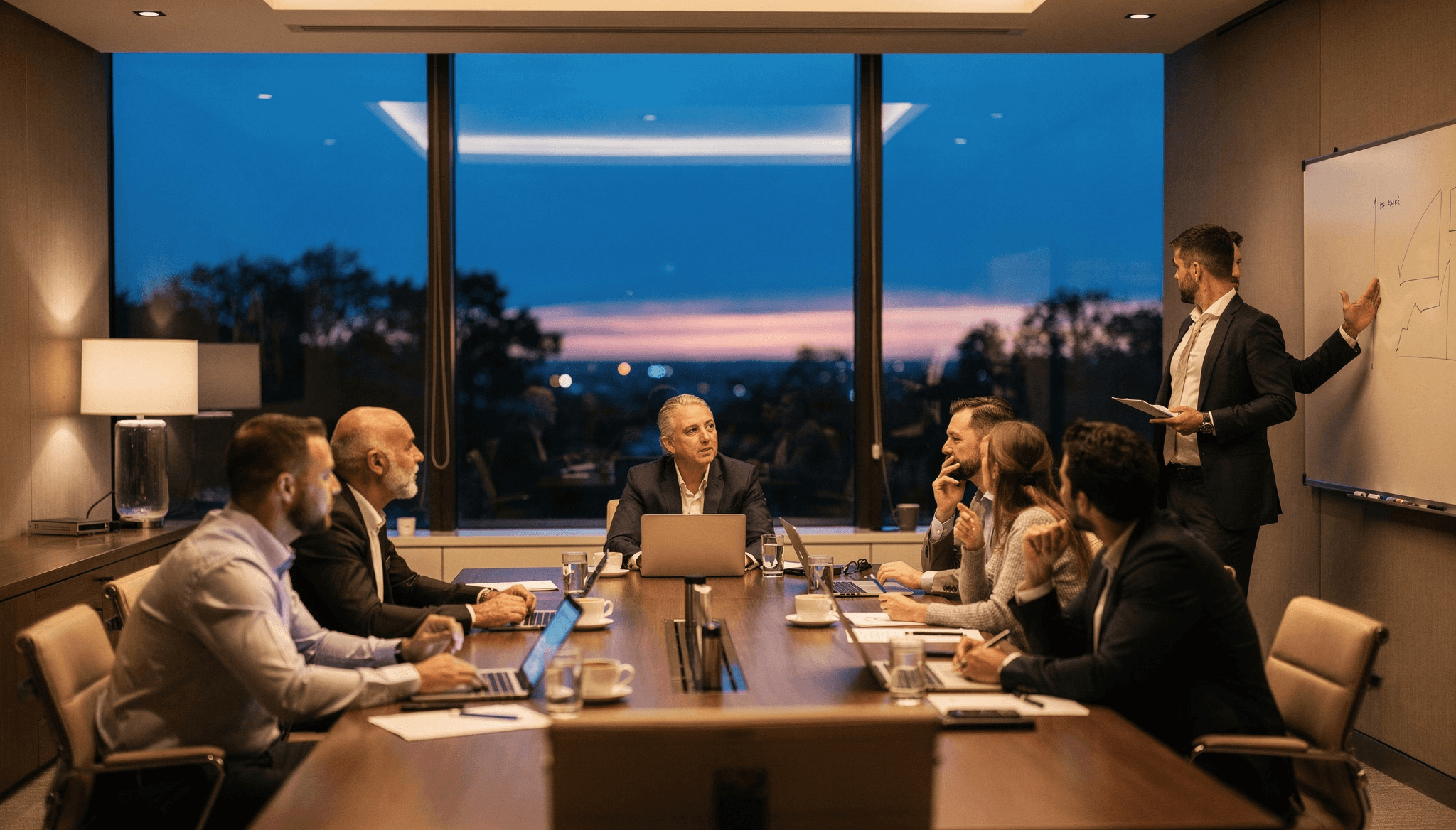 Three professionals collaborating around a conference table in a modern glass-walled office