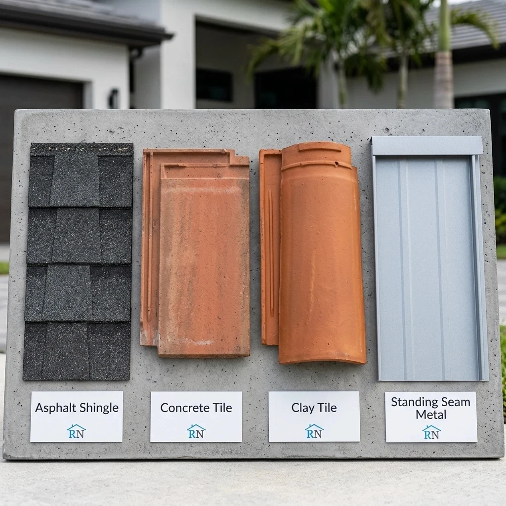 Comparison of shingle, concrete tile, clay tile and standing seam metal roof materials in South Florida