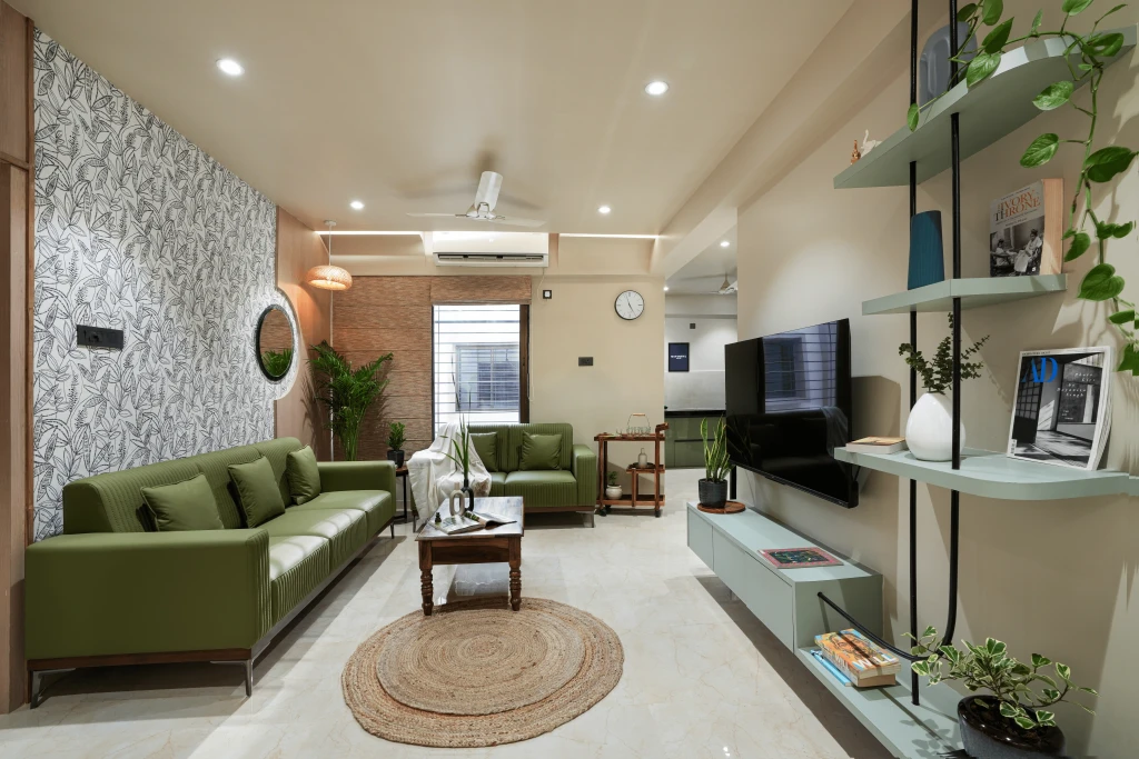 Neutral sofa with cushions and wooden coffee table