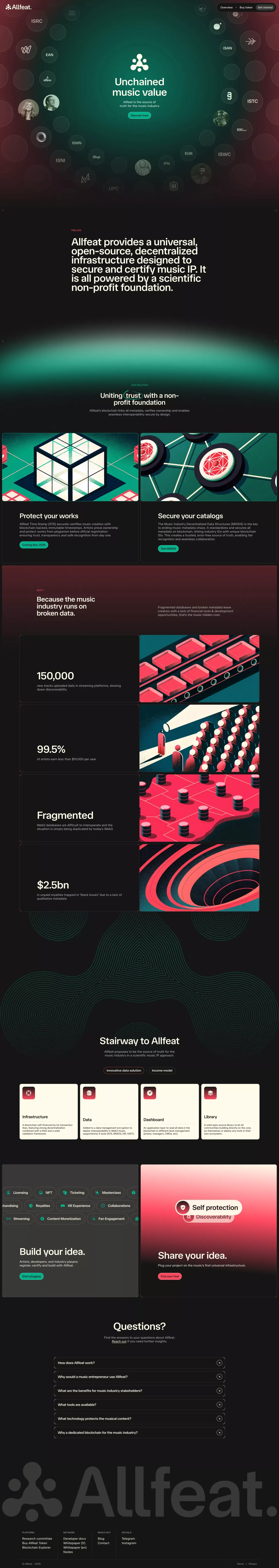 Allfeat landing page screenshot showcasing Music and Tech design