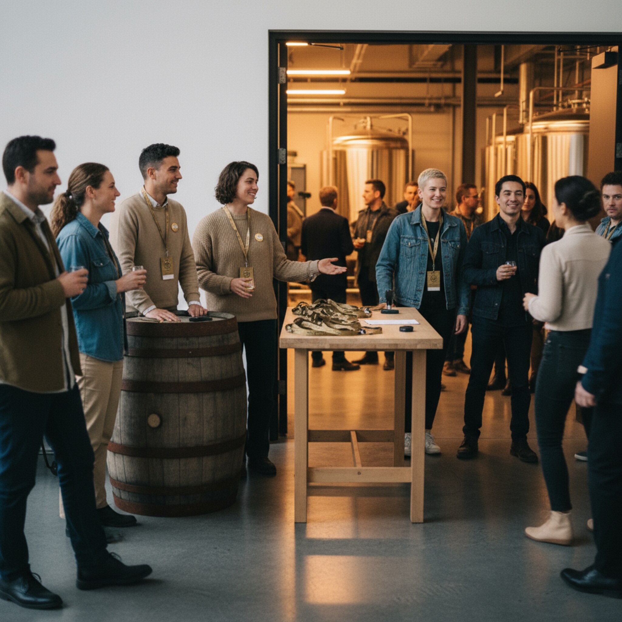 Am Eingang begrüßt ein Team Gäste neben einem Rollfass, Lanyards liegen geordnet auf einem Tisch. Warme Spots setzen Akzente, Stimmen summen erwartungsvoll. Ein Stempelkissen wartet bereit, die Tür zur Halle steht offen. Der Ablauf wirkt eingespielt und freundlich.
