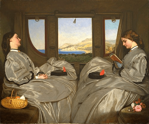 Two women in elegant grey dresses sit side by side in a room, gazing at the view through windows.