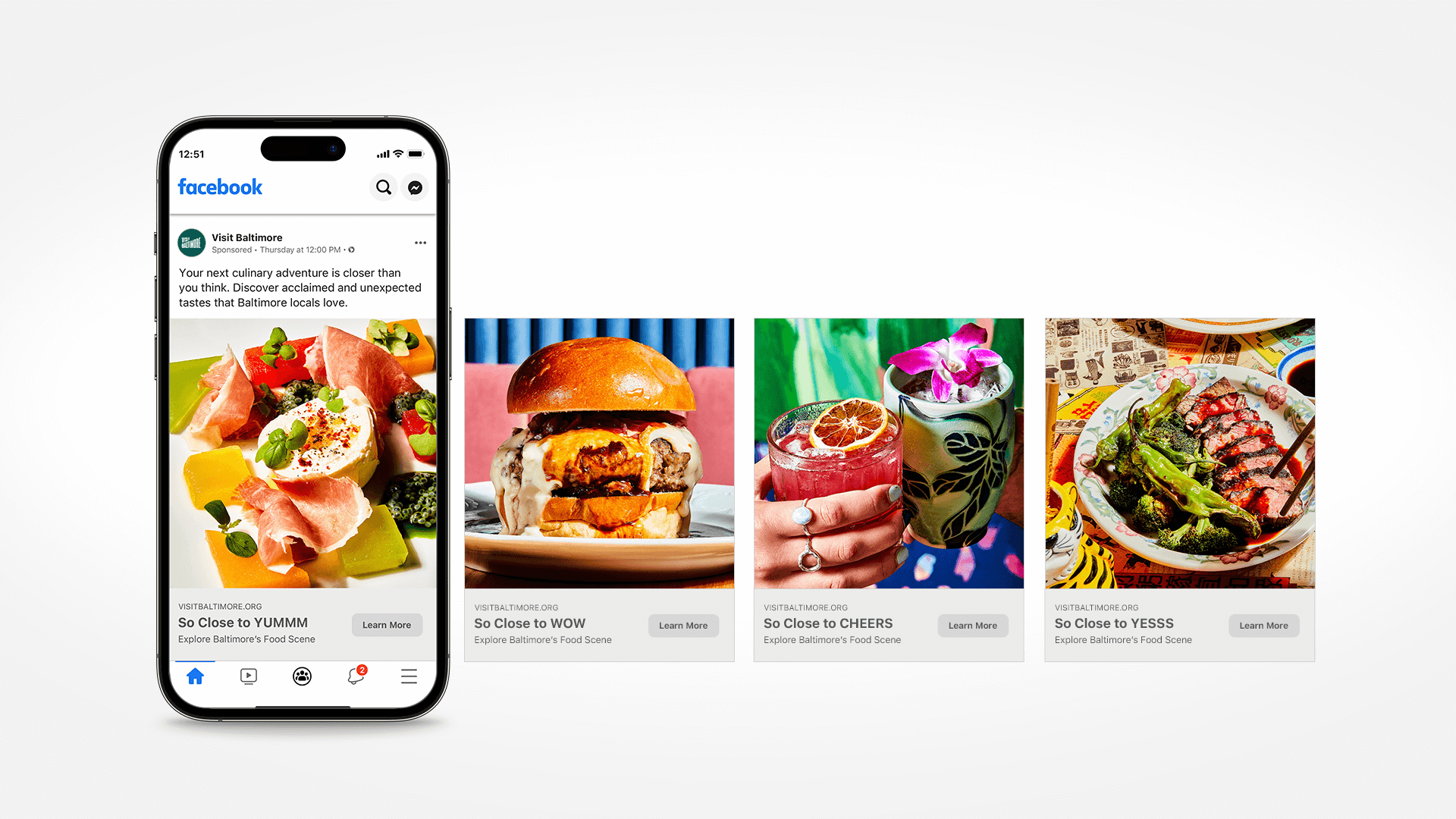 Smartphone displaying a Facebook feed with a food post next to three images of plated dishes and drinks, each with captions and "Learn More" buttons promoting Baltimore dining.