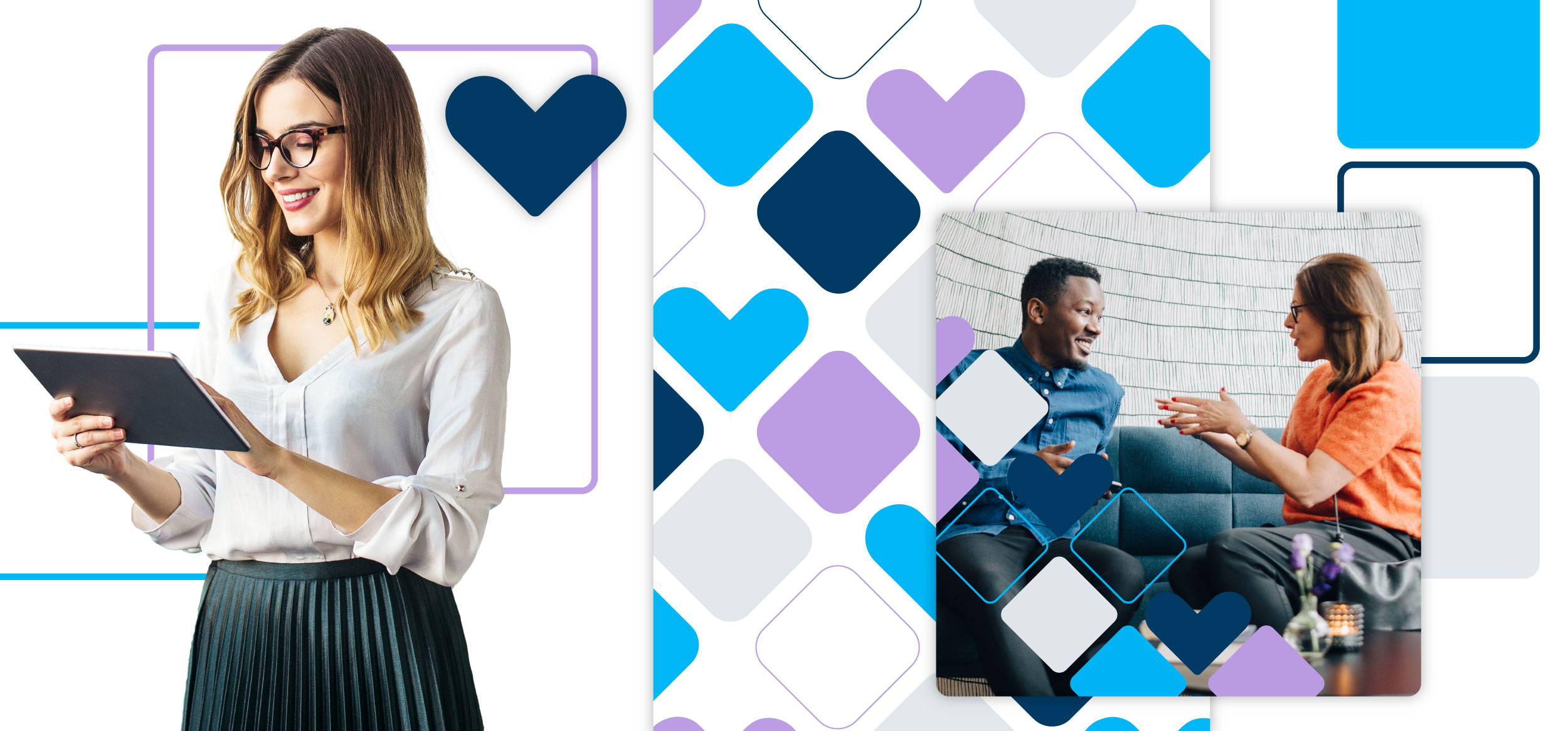 On the left, an image of a woman looking at a tablet. On the right, two people have a conversation. In the background, from left to right, two square outlines and a heart, the Giving Tuesday Pattern, and finally, a row of squares.