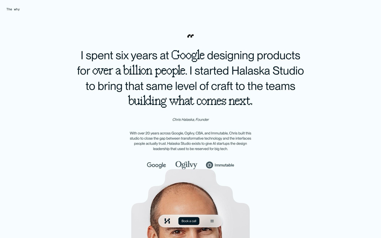 A webpage featuring a professional statement and portrait of a person, highlighted by a testimonial about product design experience at major tech companies, positioned above a call-to-action button labeled "Book call."
