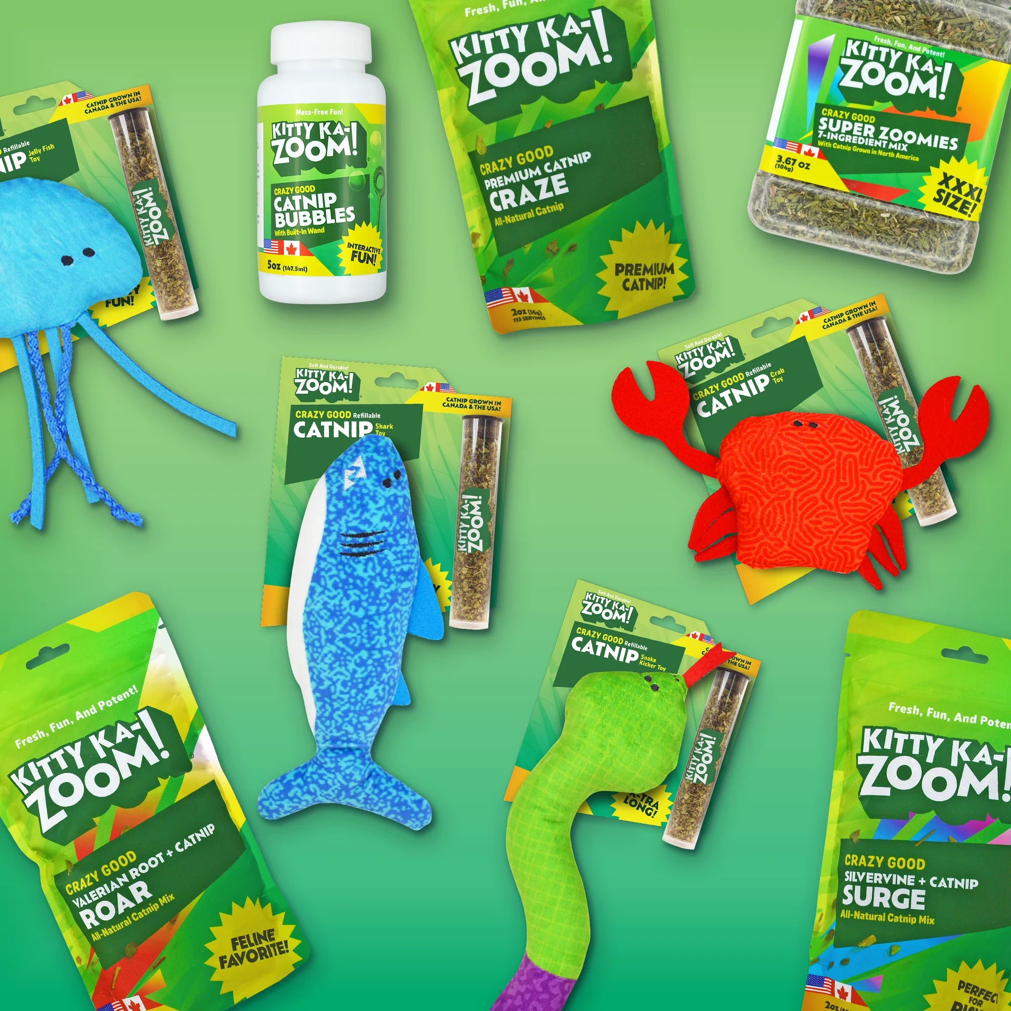 two brightly colored pouches of Meowijuana cat treats atop a yellow background