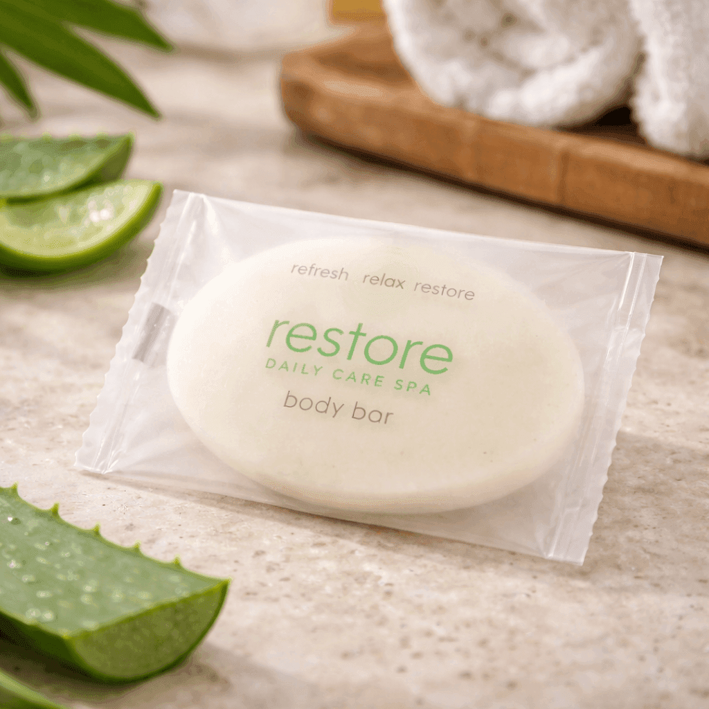 Restore Daily Care Spa body bar in wrapper placed on a spa countertop with aloe leaves and soft towels, creating a fresh and relaxing hotel-style setting