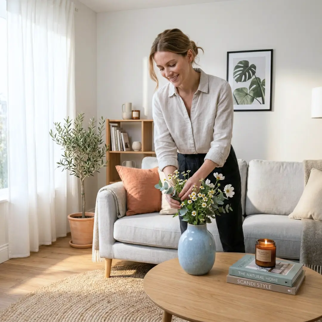 An image of a woman arranging flowers in a living room, accompanied by text explaining how to organize a "Shopping Universe" by grouping wishlist items into categories like "Home Upgrade" or "Gift Ideas."
