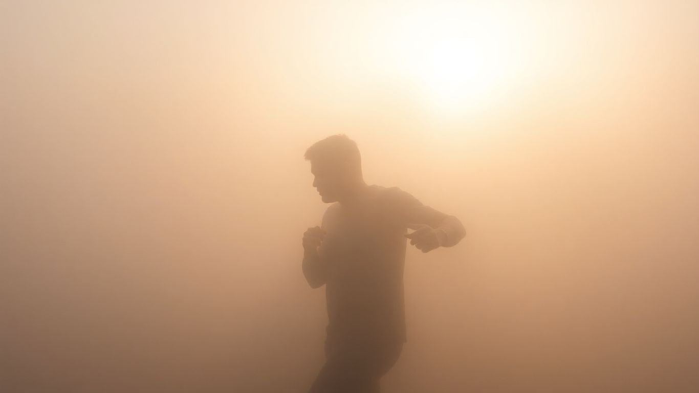 Person pushing through fog towards faint sunlight.