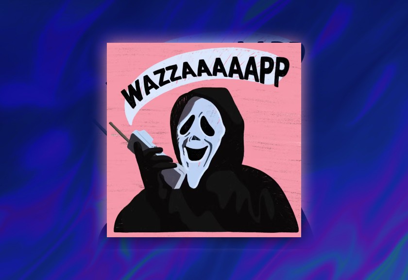 Retro-style birthday invitation with a person floating in the clouds and colorful balloons