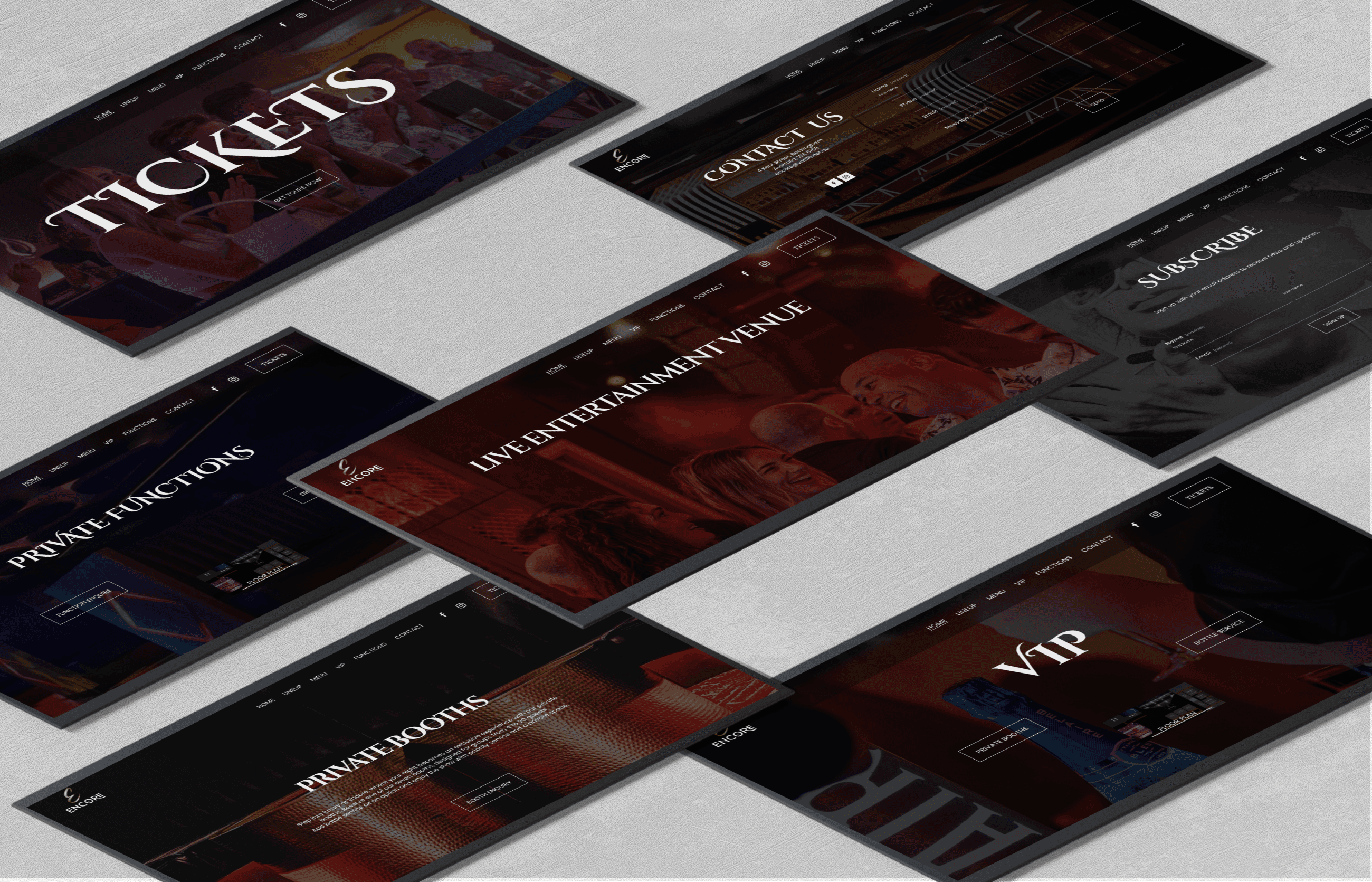 Full-width website layout for an entertainment venue featuring dark imagery, VIP booking sections, and private function details.