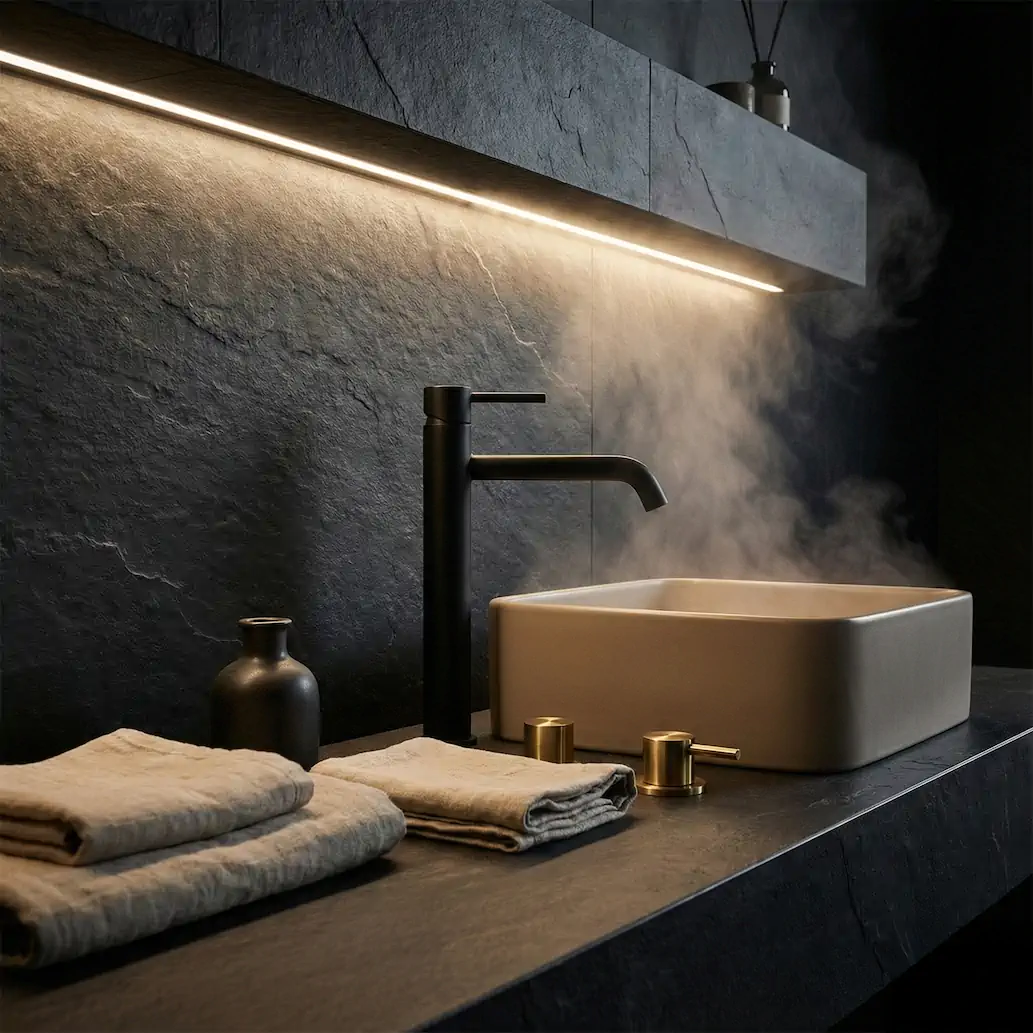Lavabo moderne avec robinetterie noire et vapeur légère, éclairage LED chaud dans une salle de bain premium en pierre sombre.