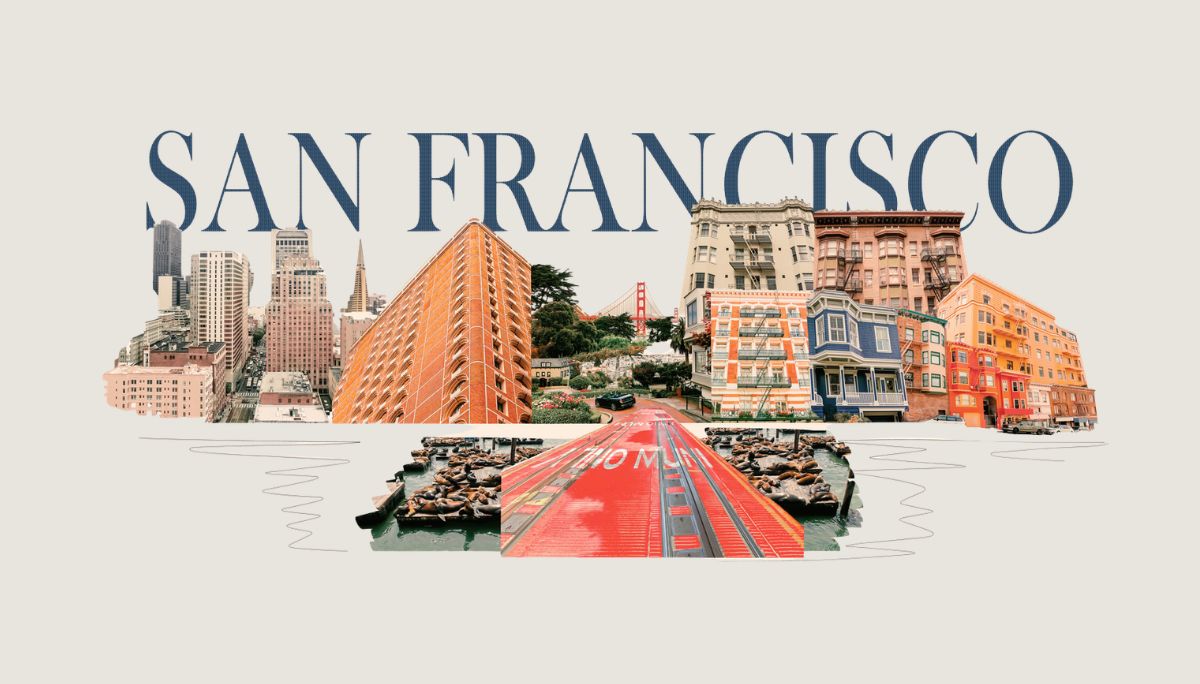 Collage of San Francisco landmarks including the Golden Gate Bridge, Victorian houses, skyscrapers, and a cable car, symbolizing the Bay Area startup scene and hiring landscape.
