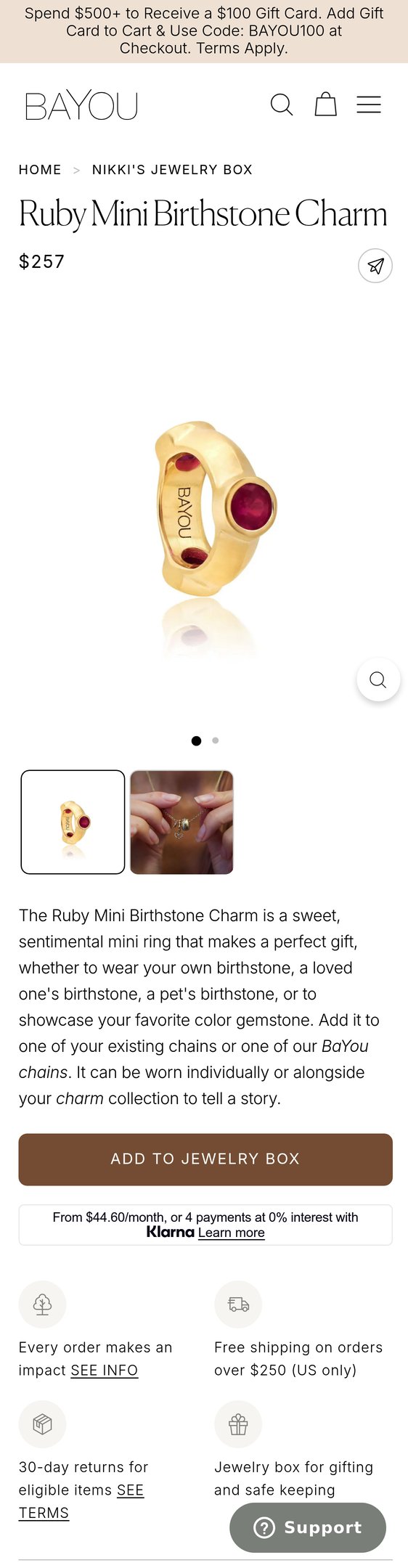 Jewelry product options include: ring, pendant, chain, birthstone for Ruby Mini Birthstone Charm from Bayou with Love.