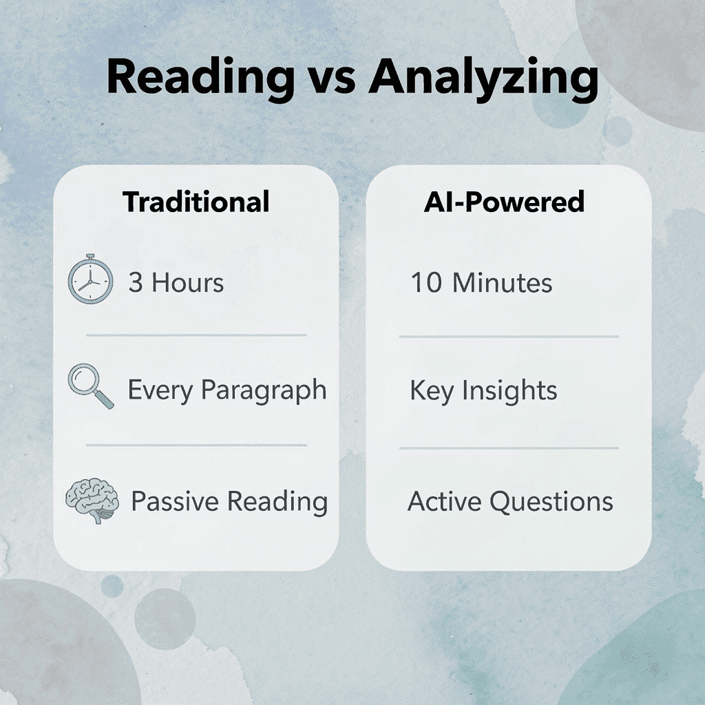 Comparison table showing traditional reading versus AI-powered analysis methods