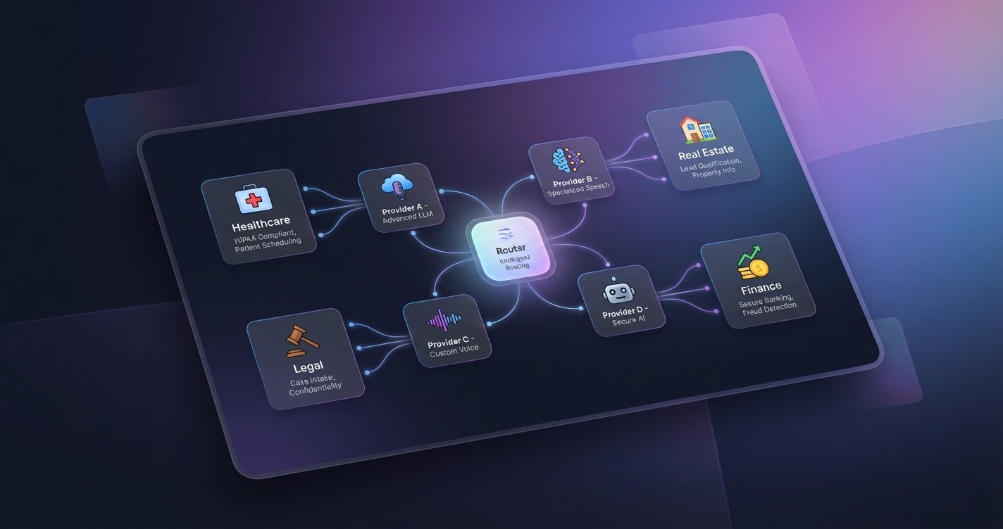 Multi-provider voice AI router delivering industry-specific solutions for healthcare, legal, real estate, and finance | VoiceAIWrapper