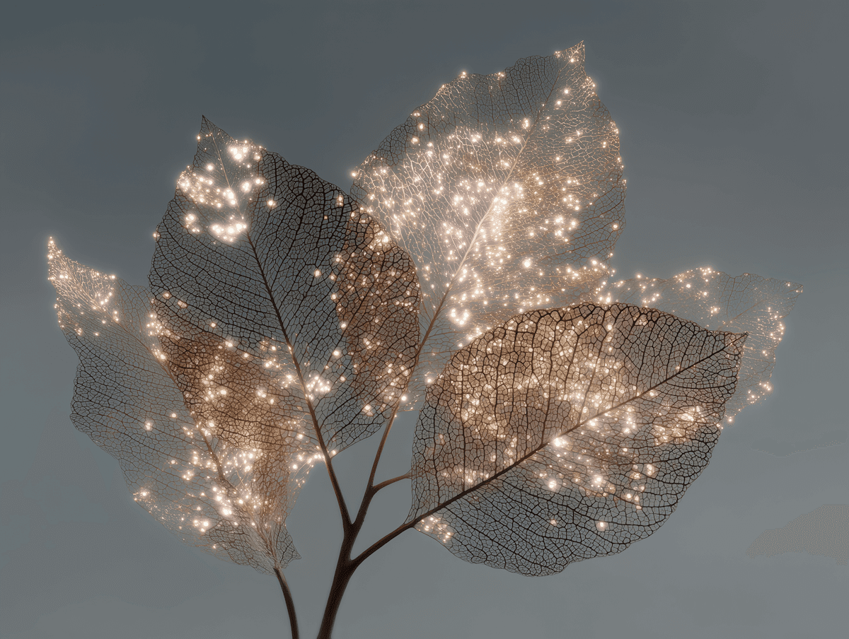 Delicate translucent leaves shimmer with embedded lights against a soft gray background, creating a magical and ethereal atmosphere.