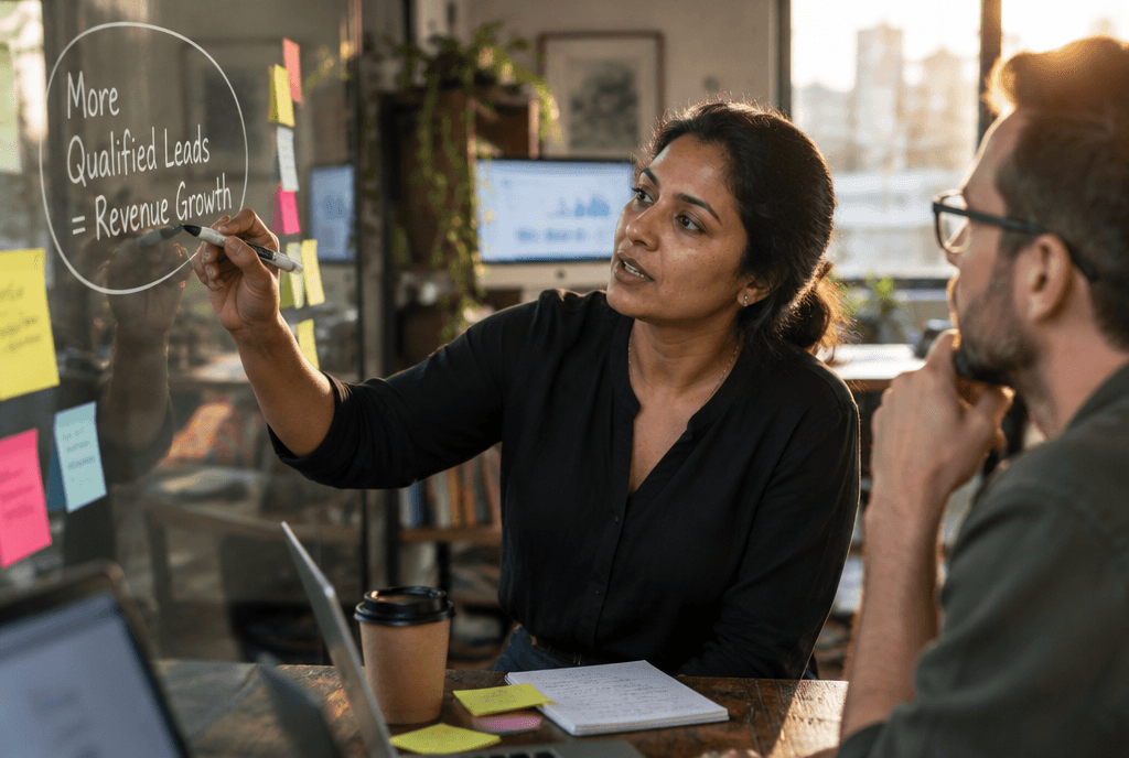 PPC marketer writing one campaign goal on a glass wall while a client watches