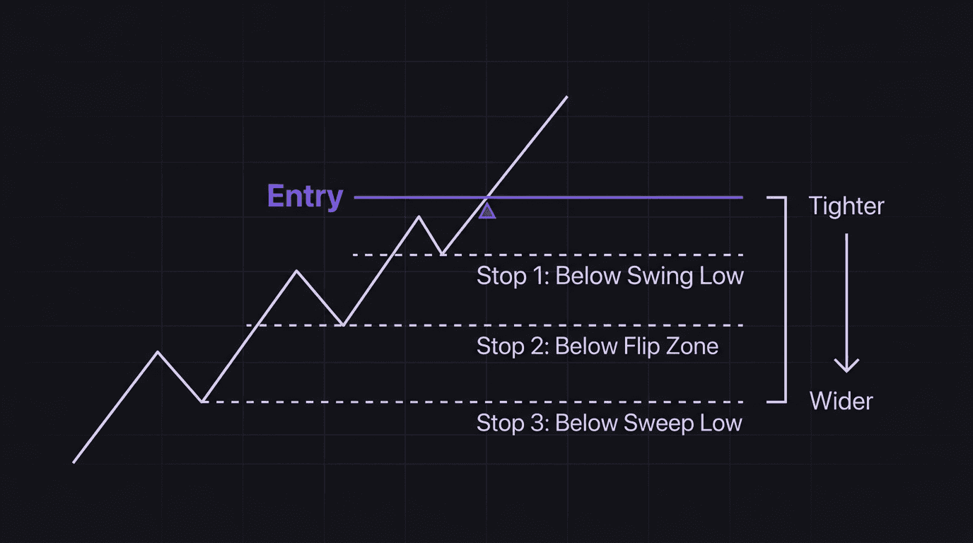 Diagram showing three structural stop placement options below a swing low, flip zone, and sweep low