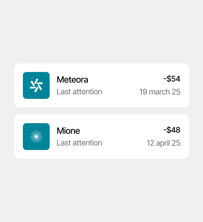 Two financial notifications: "Meteora" -$54 on March 25 and "Mione" -$48 on April 12. Displays last attention.