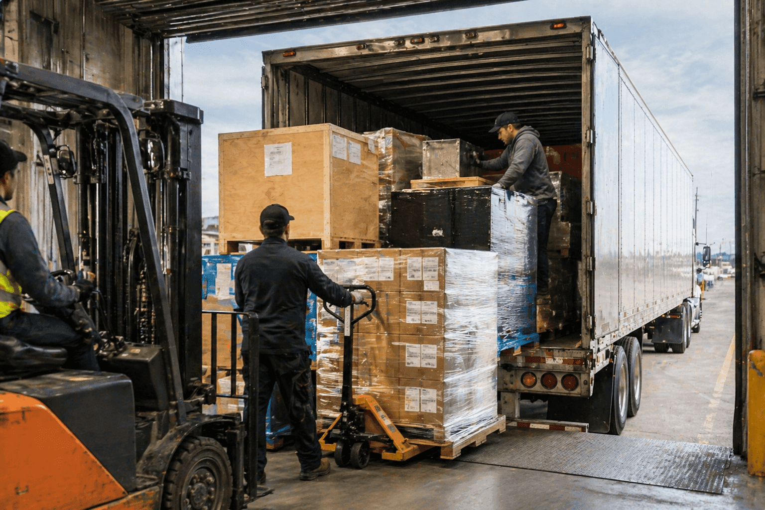 Workers loading palletized goods into a truck using a forklift and pallet jack at a warehouse dock, showing an LTL shipment being handled.