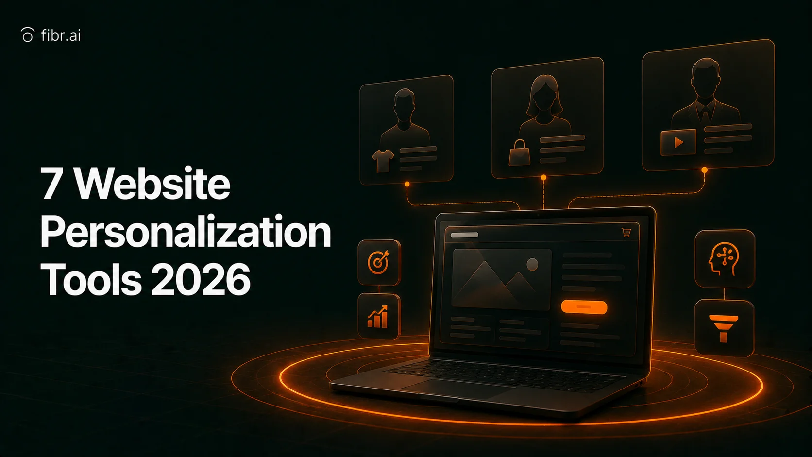 Website personalization dashboard with AI-driven user profiles and optimization tools connected to a central landing page interface.