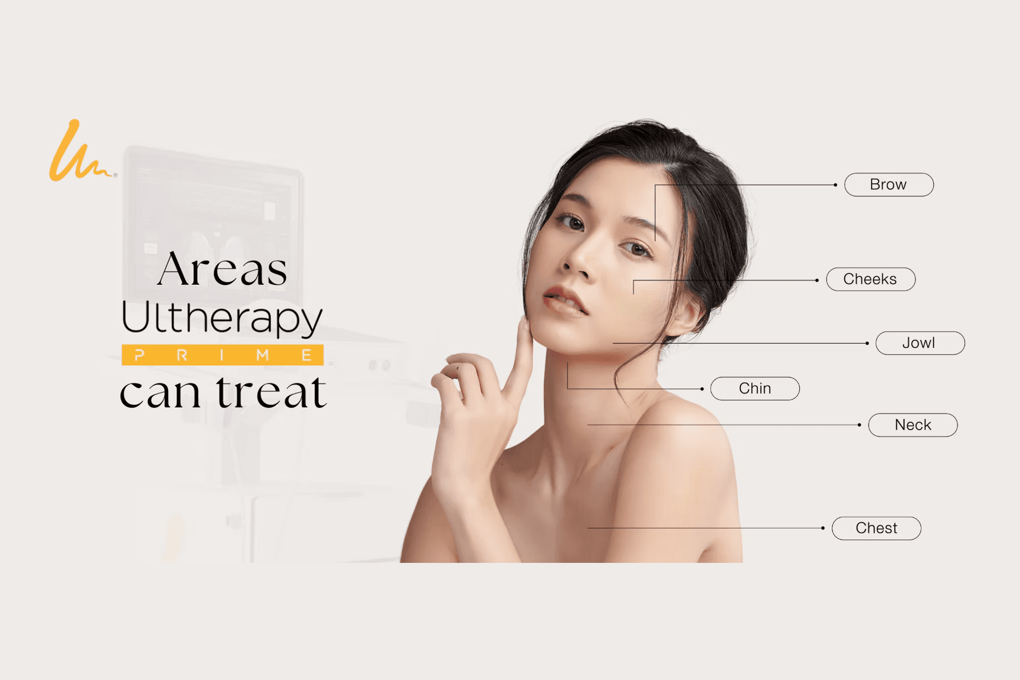 Areas Ultherapy can treat: brow, cheeks, chin, jowl, neck, chest
