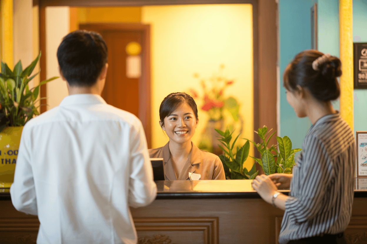Quầy lễ tân khách sạn nhỏ ở Đà Lạt với lễ tân người Việt Nam tươi cười chào khách, không gian ấm cúng, ánh sáng tự nhiên.