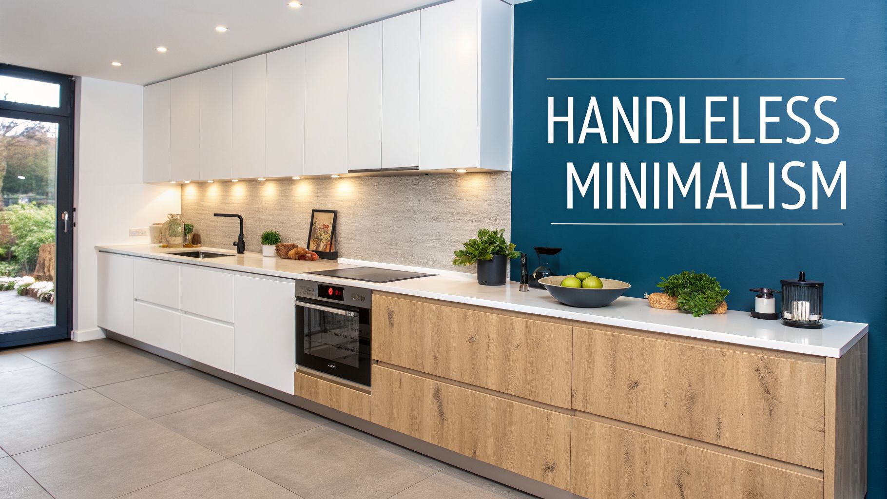 Modern kitchen featuring handleless white and wood cabinets, a blue accent wall, and warm under-cabinet lighting.