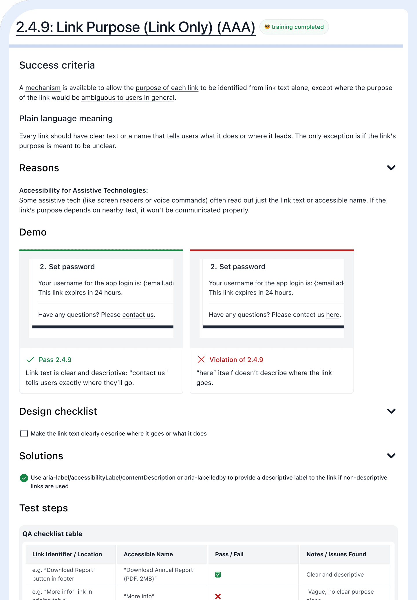 Accessibility training page explaining WCAG 2.4.9 Link Purpose with examples, checklist, solutions, and QA test steps.