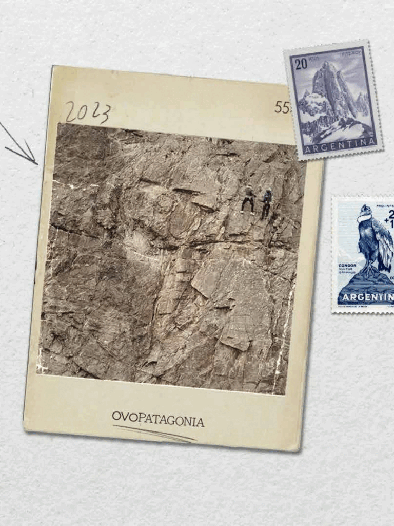 Collage con foto tipo Polaroid fechada 2023: dos escaladores en pared rocosa; abajo dice “OVOPATAGONIA”, rodeada de sellos postales argentinos.