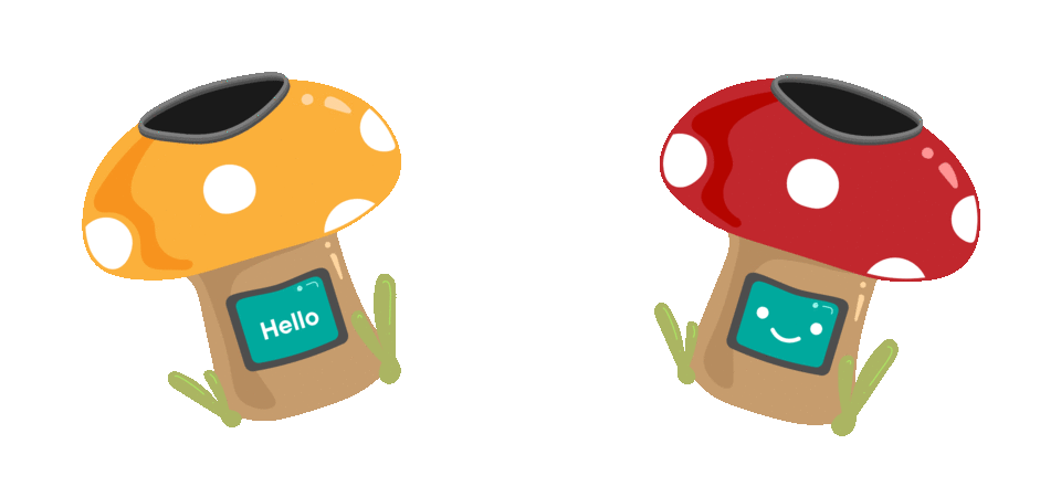 Two illustrated EcoShroom bins in yellow and red with expressive screens.