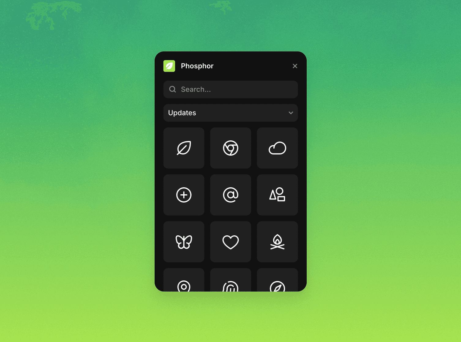 Framer interface displaying the Phosphor Icons plugin with a grid of diverse icon styles and customization options.