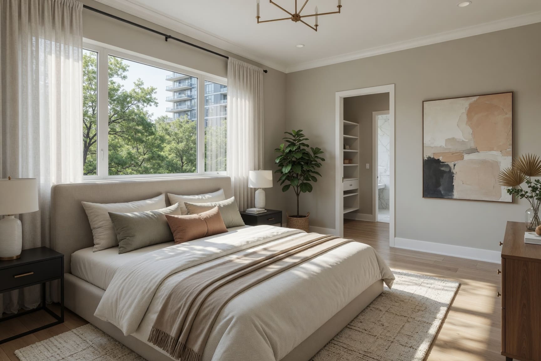 Primary bedroom with tree views and walk-in closet