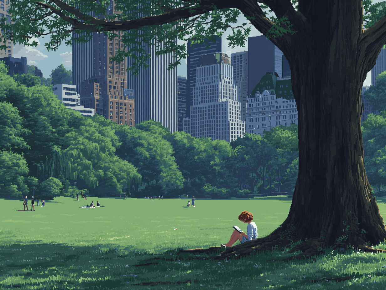 Pixel art of girl reading under a tree in central park.
