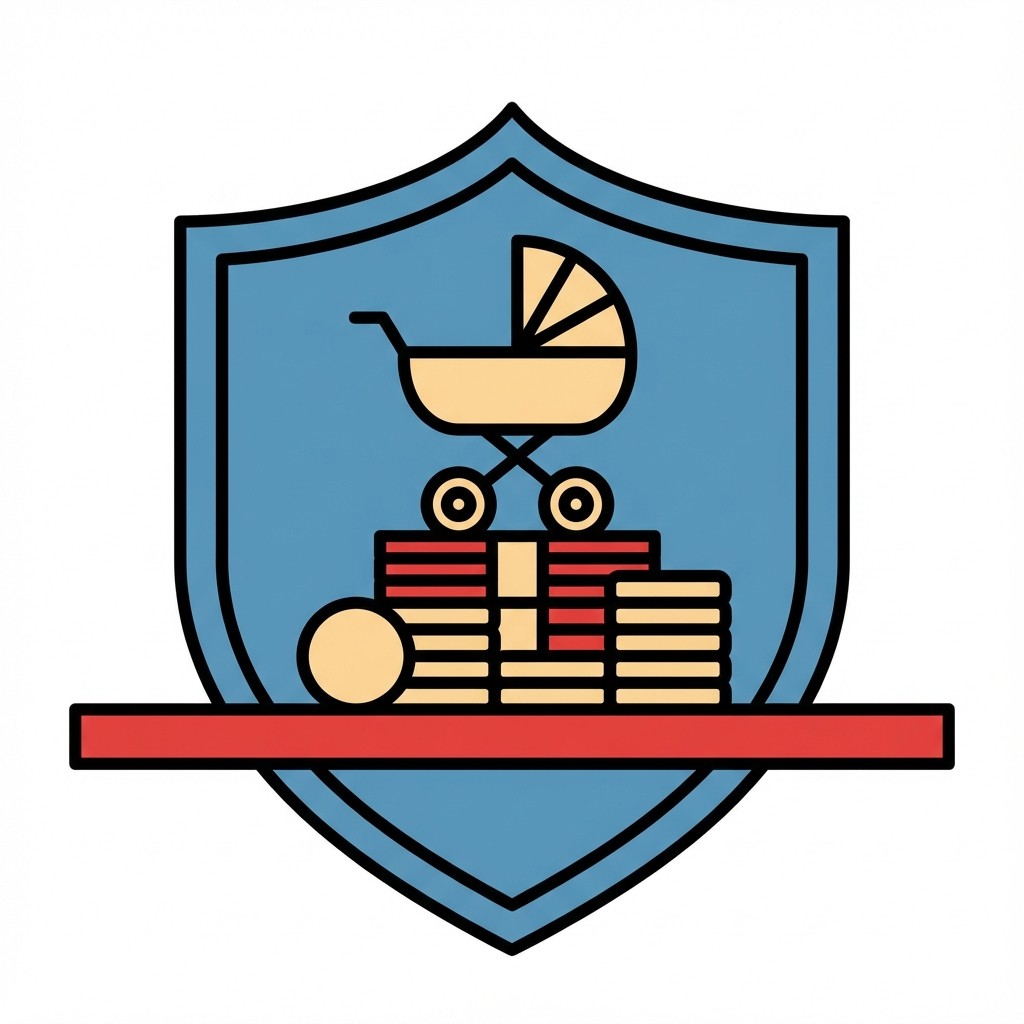 Blauer Schild mit rotem Kinderwagen und Stapel Münzen, daneben rotes Häkchen.