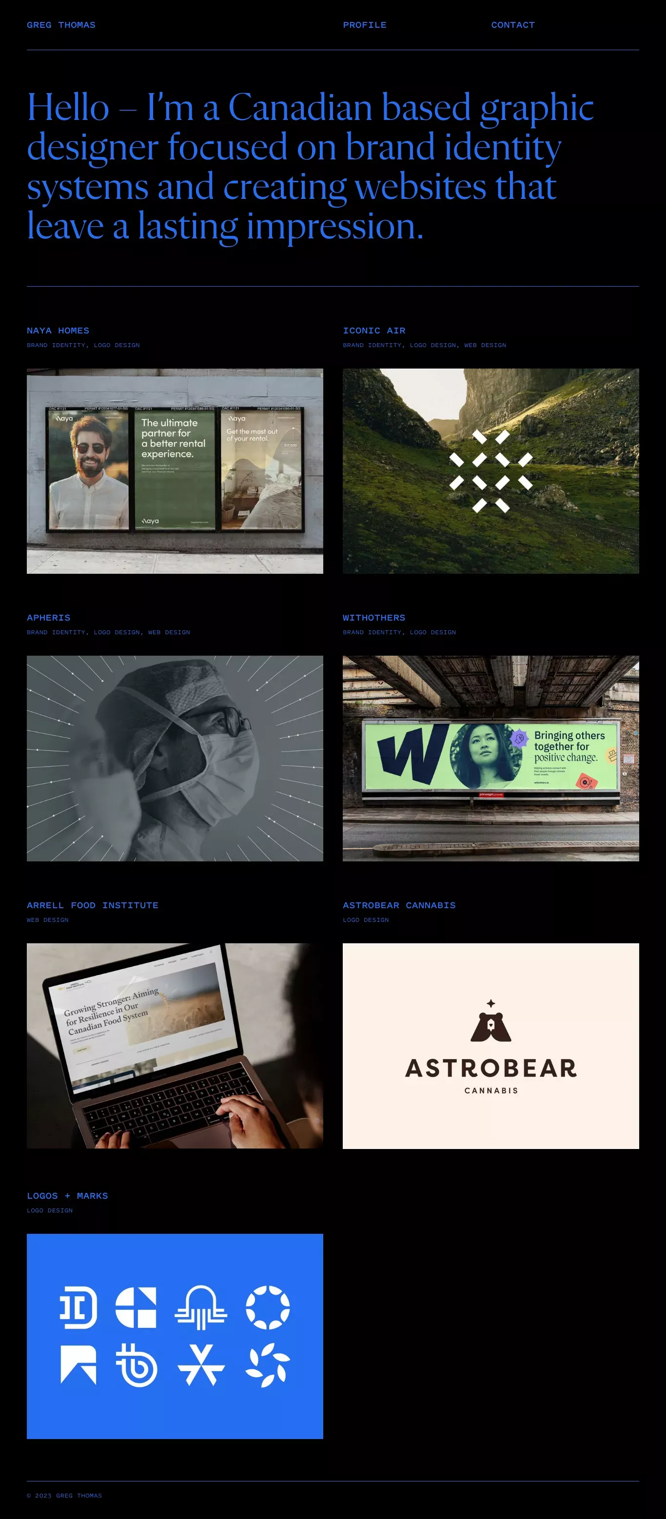 Greg Thomas – Portfolio portfolio page screenshot showcasing Design and Tech design