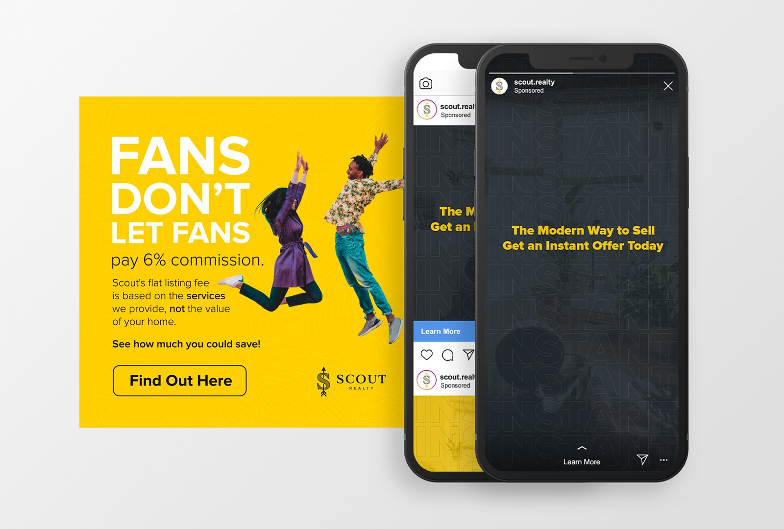 Scout Realty social ads showing a phone and enlarged ad side by side
