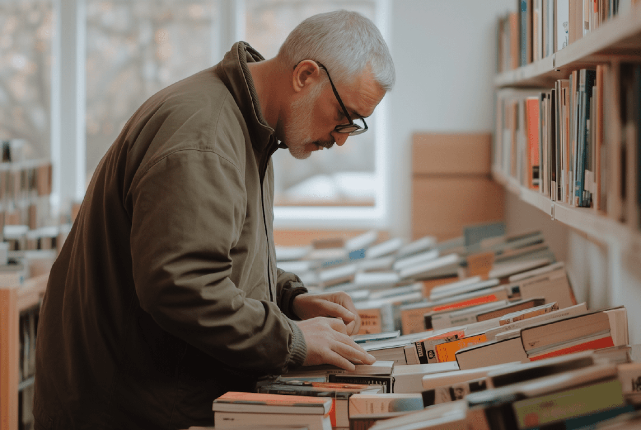 A person wearing glasses is browsing through shelves of books in a library with large windows in the background, creating a serene and studious atmosphere.